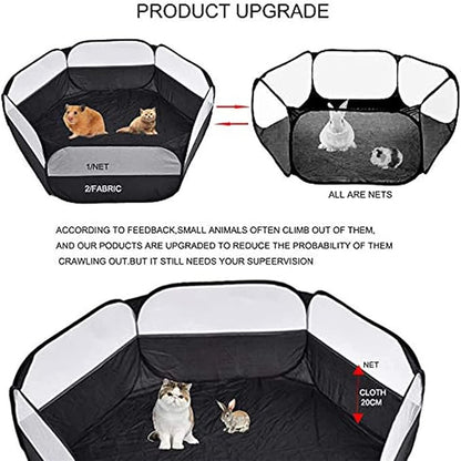Small Animal Playpen,Portable Small Animal Cage Tent Breathable Pet Playpen Cage Tent Pop-Up Outdoor&Indoor Exercise Fence for Hamster Guinea Pig Rabbit Puppy Hedgehog (Black no Cover)
