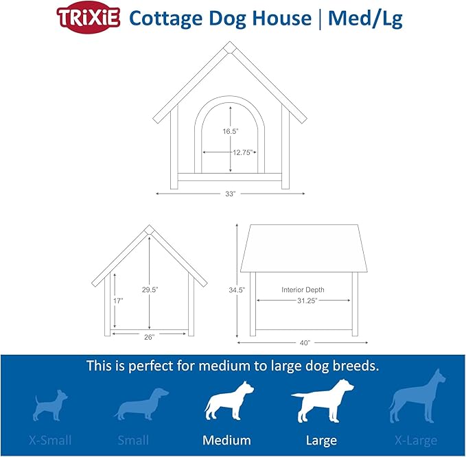 TRIXIE Natura Cottage Dog House – Outside Dog House for Large Dogs with Weatherproof Sealer & Peaked Roof, Wooden Dog House with Adjustable Legs for Large Dogs – 40 x 33 x 34.5 in