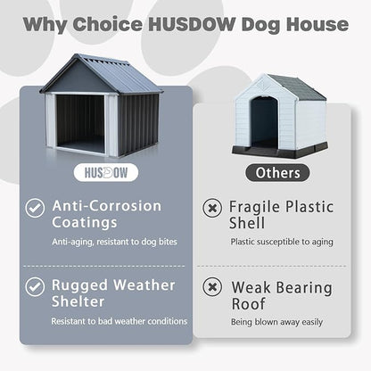 Metal Dog House for Outdoor Indoor, Dog Crates Outside for Small/Medium/Large Dogs, Weather & Water Resistant Easy Assemble Puppy Shelter for Cat, Chicken, Duck (43 x 43 x 44 in, Grey)
