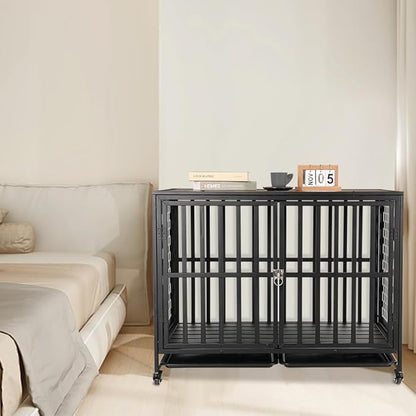 42'' Dog Crate Furniture, Wooden Dog Kennel with Lockable Wheels, Dog Crate End Table with Trays, Decorative Dog Kennel Indoor, Heavy Duty Dog Cage for Medium Large Dogs, Rustic Brown