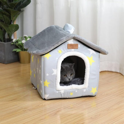SEAHOME Foldable Dog House Kennel Bed Mat for Indoor Pets,Enclosed Warm Plush Sleeping Nest Bed with Removable Cushion,Covered Small Pet Condos Indoor Cat Hideaway (L, Grey)