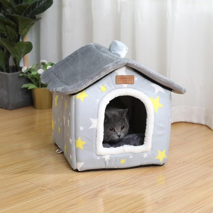 SEAHOME Foldable Dog House Kennel Bed Mat for Indoor Pets,Enclosed Warm Plush Sleeping Nest Bed with Removable Cushion,Covered Small Pet Condos Indoor Cat Hideaway (M, Grey)