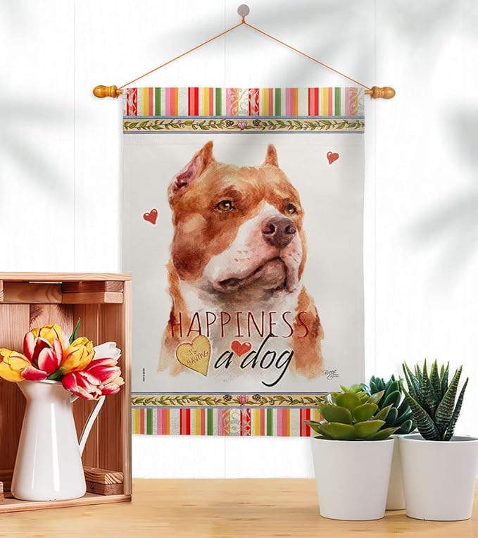 Breeze Decor Fawn Pitbull Happiness House Flag Dowel Set Dog Puppy Spoiled Paw Canine Fur Pet Nature Farm Animal Creature Decoration Banner Small Garden Yard Gift Double-Sided, Made in USA