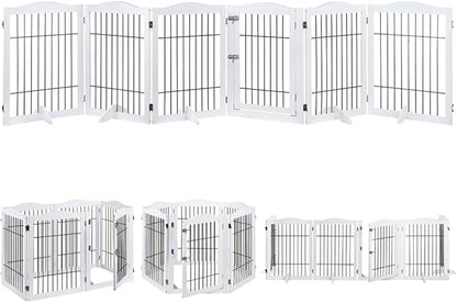 beeNbkks Extra Wide Pet Gate, 6 Panels Freestanding Dog Gate with Walk Through Door and 5 Support Feet, Foldable Pet Barrier Fence for Stairs Doorways Fireplace, Indoor Exercise Playpen for Dogs Cats