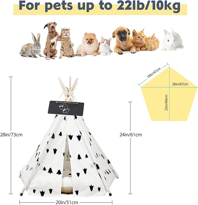 Pet Teepee Tent for Dogs, Dog Cat Teepee Bed, Portable &Washable Dog Houses Indoor Outdoor Puppy Beds for Small Dogs Cats Rabbits with Cushion and Blackboard