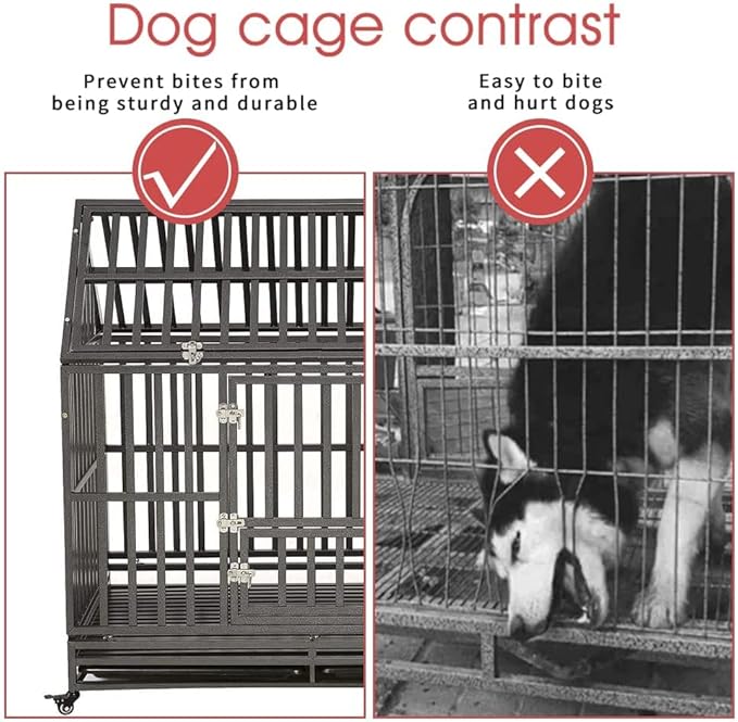 SMONTER 48" Heavy Duty Dog Crate Strong Metal Cage House Shape Pet Kennel Crate Playpen with 4 Locking Wheels