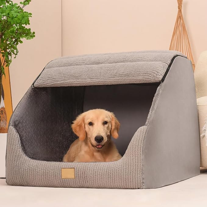 Large Dog House Indoor, Soft Plush Dog Cave Bed Covered Dog Bed with Fluffy Washable Cushion, Portable Dog/Cat Pet Tent House for Small Medium Dogs (Grey, Large)