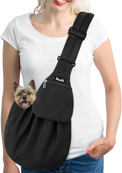 Lukovee Pet Sling, Hand Free Dog Sling Carrier Adjustable Padded Strap Tote Bag, Shoulder Bag with Front Pocket Safety Belt Carrying Small Dog Cat Puppy Machine Washable (Black-WY,S)