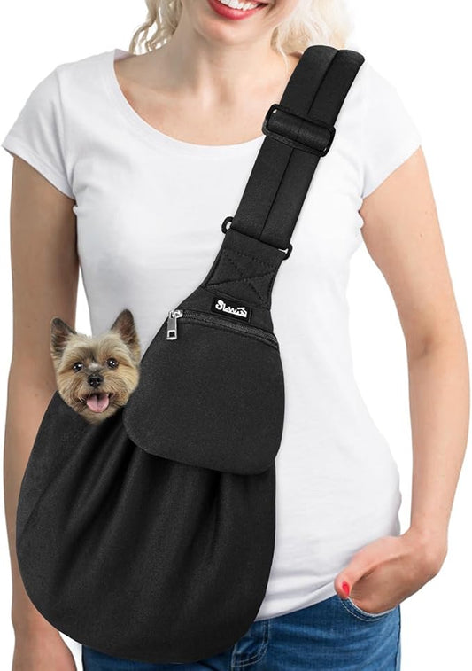 Lukovee Pet Sling, Hand Free Dog Sling Carrier Adjustable Padded Strap Tote Bag, Shoulder Bag with Front Pocket Safety Belt Carrying Small Dog Cat Puppy Machine Washable (Black-WY,S)