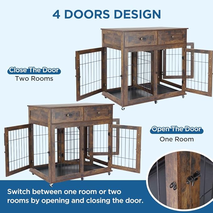 2 Dog Crate Furniture with 2 Drawer,39.4" Wooden Large Dog Kennel Crate End Table with Wheels (Brown)