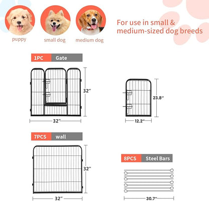 FDW Dog Playpen Dog Pen Dog Kennel 8 Panels 32 Inch Hight Indoor Outdoor Folding Metal Portable Puppy Exercise Pen Heavy Duty Dog Fence for Yard Camping,Black