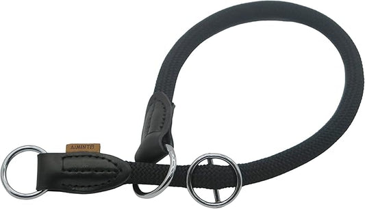 Braided Rope Collar, Pro Training Dog Collar, No Pull Round Martingale Collar, Slip Collar with Slidable Stop Ring - Ideal for Large Dogs (L(1/2") - 22" Long, Black)