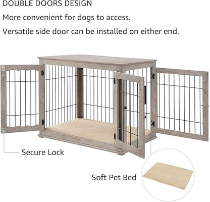 beeNbkks Furniture Style Dog Crate End Table, Double Doors Wooden Wire Dog Kennel with Pet Bed, Decorative Pet Crate Dog House Indoor Medium Large