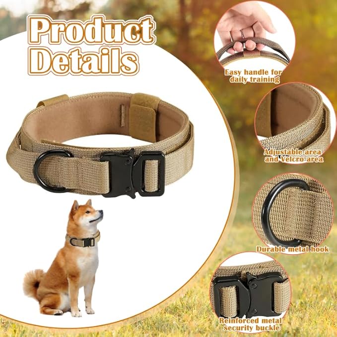 Tactical Dog Collar with Handle, Heavy Duty Military Dog Collar with Heavy Metal Buckle for Training, Adjustable Tactical Collars for for Medium and Large Dogs (M, Brown)