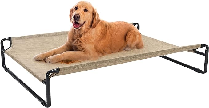 Veehoo Original Cooling Elevated Dog Bed, Outdoor Raised Dog Cots Bed for Large Dogs, Portable Standing Pet Bed with Washable Breathable Mesh, No-Slip Feet for Indoor Outdoor, Large, Beige Coffee