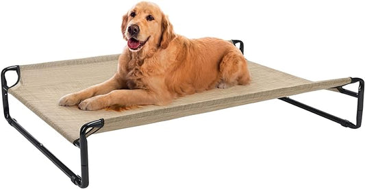 Veehoo Original Cooling Elevated Dog Bed, Outdoor Raised Dog Cots Bed for Large Dogs, Portable Standing Pet Bed with Washable Breathable Mesh, No-Slip Feet for Indoor Outdoor, Large, Beige Coffee
