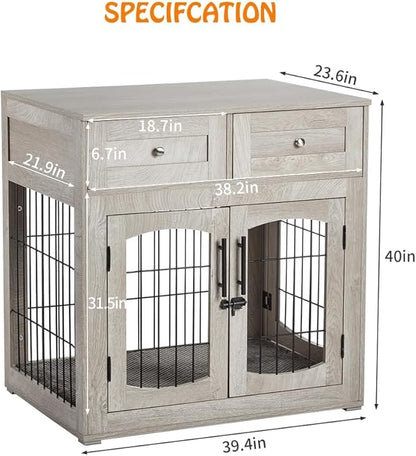 Dog Crate Furniture with Storage Drawers,39.4" Wooden Dog Crate Table with 2 Drawers,Indoor Dog Kennel with Cushion,Dog House,Dog Cage,Side End Table Crate