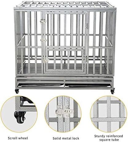 LUCKUP 42" Heavy Duty Dog Cage Metal Kennel and Crate for Medium and Large Dogs Pet Playpen with Four Lockable Casters Indoor Silver