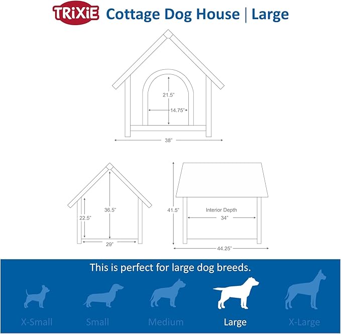 TRIXIE Natura Cottage Dog House– Dog House for Extra Large Dogs Outside with Weatherproof Sealer & Peaked Roof, Wooden Dog House with Adjustable Legs for Large Dogs – 44.25 x 38 x 41.5 in