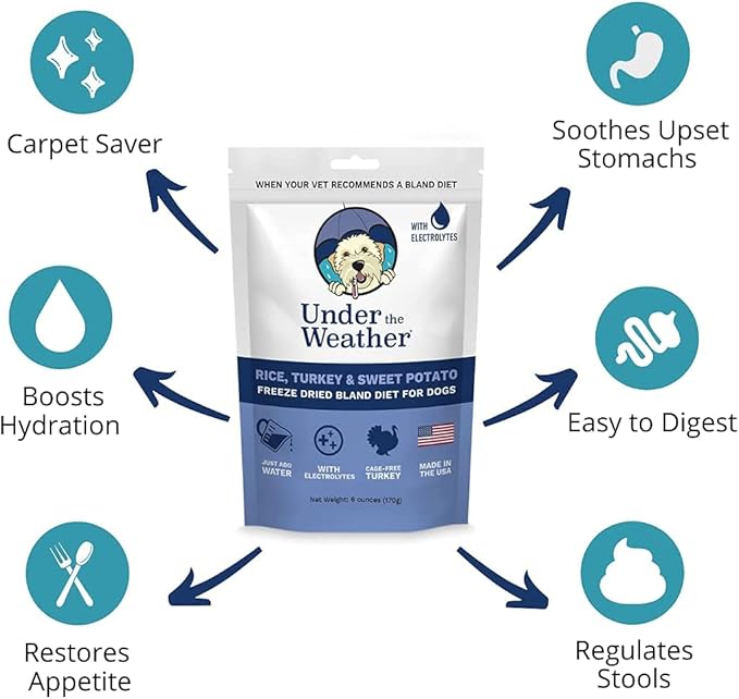 Under the Weather Bland Diet for Dogs | Easy to Digest for Sick Dogs |Always Be Ready| Contains Electrolytes - All Natural Freeze Dried 100% Human Grade Meats| 2 Pack- Rice Turkey & Sweet Potato - 6oz