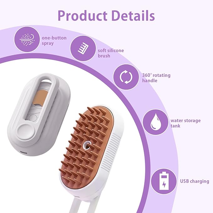 Pet Steam Brush for Dog Cat, 3-in-1 Cat Steam Brush for Shedding Grooming/Massage/Cleaning, Static-Free Deshedding Comb with Nano Spray, 360° Rotating Handle, Rubber Teeth & Portable Design (Purple)