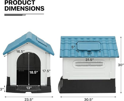 MoNiBloom Easy to Clean Insulated Dog House with Mats and Tray, Outdoor Durable Dog House for Small Medium Large Dogs, Waterproof Doghouses with Elevated Floor and Air Vents, 30.5"D x 23.5"W x 30"H