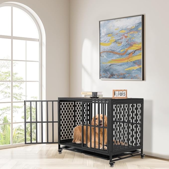 42'' Dog Crate Furniture, Wooden Dog Kennel with Lockable Wheels, Dog Crate End Table with Trays, Decorative Dog Kennel Indoor, Heavy Duty Dog Cage for Medium Large Dogs, Rustic Brown