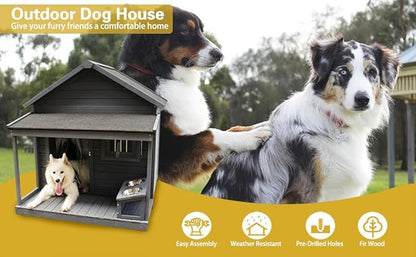 YOTPO Large Outdoor Fir Wood Dog House with Spacious Terrace,Breathable Window&2 Feeding Stainless Bowls,Dog Kennel W/Solid Asphalt Roof&Removable Floor,Dog Cage W/Resting Porch for Large Dogs,Gray