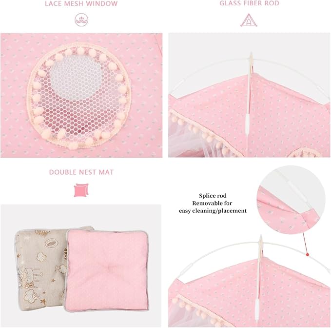 Cat Bed Tents Dog House Indoor Outdoor Lace Mesh Breathable Windows Door Curtains Removable Portable Nest Teepe House (Large,Pink(Flower))