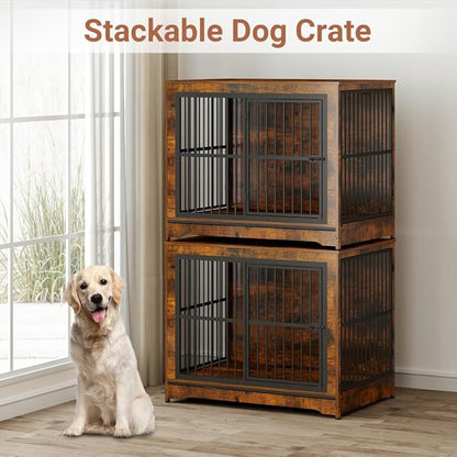 86 Inch Double Dog Crate Furniture with Divider, 4 Combination Forms Large Dog Kennel Furniture for 2 Dogs, Rustic Brown Corner Dog Kennel for Small Medium Large Dogs