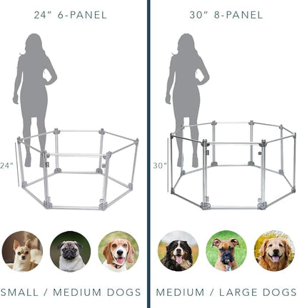 Front Row Foldable Dog Playpen – Durable and Portable Puppy Playpen for Exercise, Rest & Play – Clear Fence Panels with Aluminum Rods and Crate for Dogs and Other Small Pets (Silver, 6-Panel)