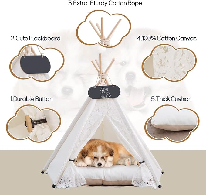Pet Teepee Tent for Dogs & Cats Dog Bed with Thick Cushion Puppies Play House Removable and Washable