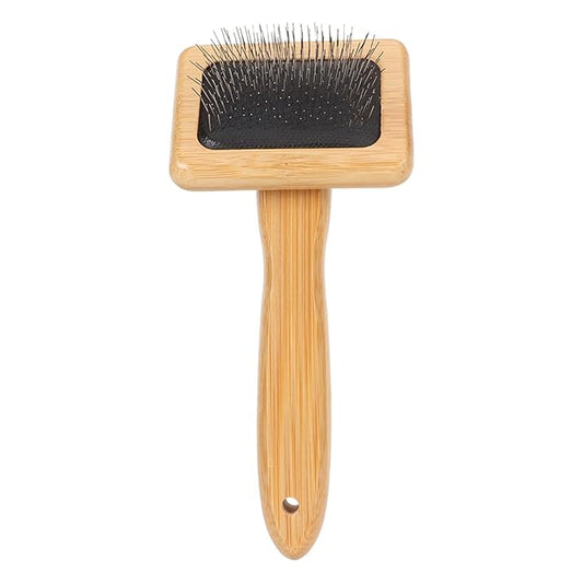 Macrame Slicker Comb with Hole Cushion Finely Polished Bamboo Cleaning Brush Sheepskin Wool Stainless Steel Pins Carding Rug Fur Brushes Long Prongs Pet (12x15.2x4.5cm /