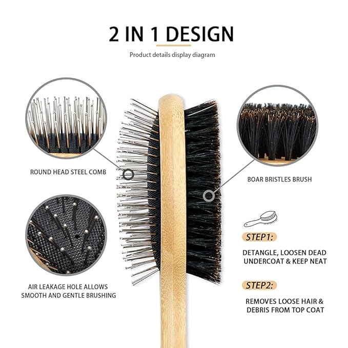 Dog Brush Cat Brush, Double Sided Bristle and Pin Pet Brush for Dog Grooming, Real Boar Bristle Shedding Brush with Bamboo Handle for Long Short Hair, 2 Pack Dog Comb, 1 Nail Clipper