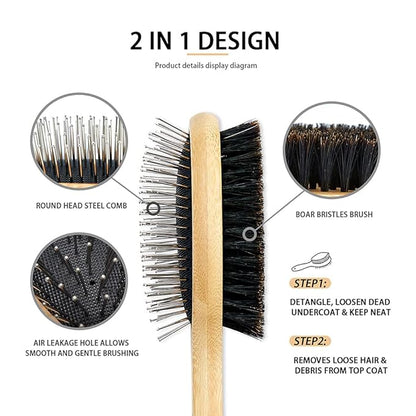 Dog Brush Cat Brush, Double Sided Bristle and Pin Pet Brush for Dog Grooming, Real Boar Bristle Shedding Brush with Bamboo Handle for Long Short Hair, 2 Pack Dog Comb, 1 Nail Clipper