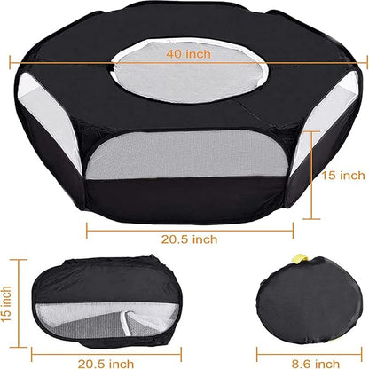 Small Animal Playpen,Portable Small Animal Cage Tent Breathable Pet Playpen Cage Tent Pop-Up Outdoor&Indoor Exercise Fence for Hamster Guinea Pig Rabbit Puppy Hedgehog (Black with Cover)