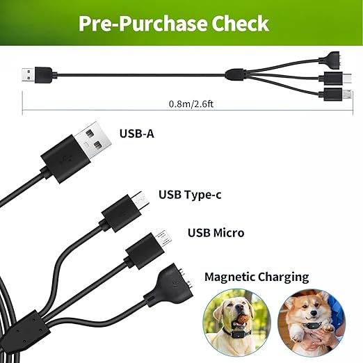 LONNKY Dog Training Collar Charger for NVK, UKE, Delupet, Yawpet, Chicdeal, PECOLE Shock Collar and Remote, 3-in-1 Magnetic Charging, Type-C and Micro USB Cable, Shock Collar Charging Cord