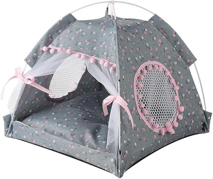 Cat Bed Tents Dog House Indoor Outdoor Lace Mesh Breathable Windows Door Curtains Removable Portable Nest Teepe House (Large,Gray&Pink)