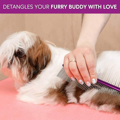 Pet Comb 10 inches Comfortable Grooming Comb with Different-Spaced Rounded Stainless Steel Teeth, Easy Grip and Convenient Grooming for Pets Dog Cat with Medium Coarse Fur - Purple