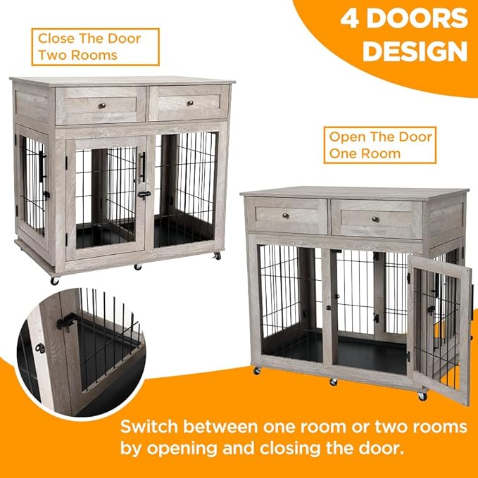 Dog Crate Furniture, Wooden Dog Kennel with Room Divider and Tray, Double Rooms Dog Cage, Wooden Dog Crate Table with 2 Drawers End Table