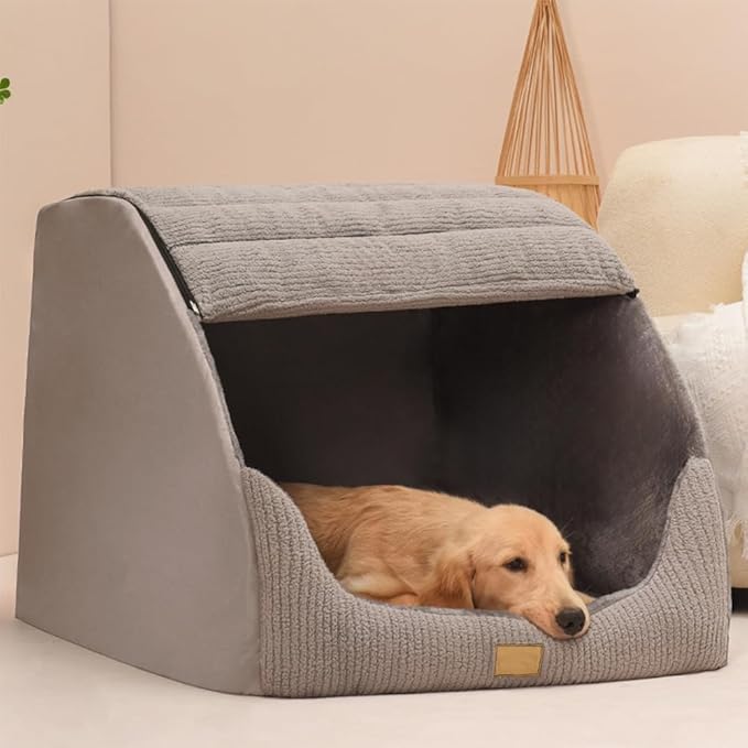Large Dog House Indoor, Soft Plush Dog Cave Bed Covered Dog Bed with Fluffy Washable Cushion, Portable Dog/Cat Pet Tent House for Small Medium Dogs (Grey, Medium)