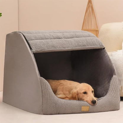 Large Dog House Indoor, Soft Plush Dog Cave Bed Covered Dog Bed with Fluffy Washable Cushion, Portable Dog/Cat Pet Tent House for Small Medium Dogs (Grey, X-Large)