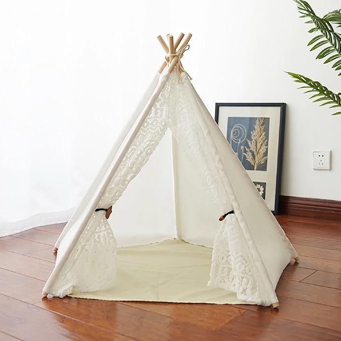 Dog and Cat Teepee Tent Bed - Portable Indoor Pet House for Small Dogs With Cozy Cushion - Removable & Washable - Bunny Tent Outdoor (White Lace, M)