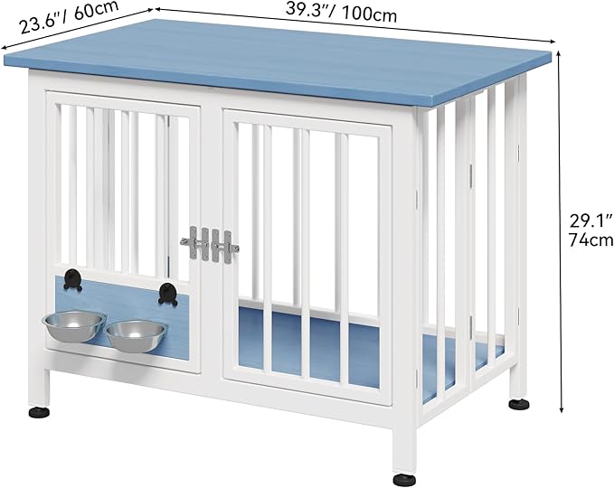 YITAHOME 39.3" Foldable Dog Crate Furniture, Portable Wooden Kennel End Table with Adjustable Feet & 360° Rotatable Bowls, Perfect for Small to Medium Dogs, Blue