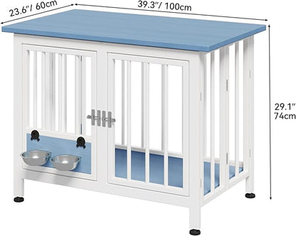 YITAHOME 39.3" Foldable Dog Crate Furniture, Portable Wooden Kennel End Table with Adjustable Feet & 360° Rotatable Bowls, Perfect for Small to Medium Dogs, Blue