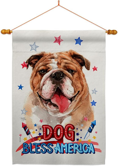 Breeze Decor Patriotic Bulldog House Flag Dowel Set Dog Puppy Spoiled Paw Canine Fur Pet Nature Farm Animal Creature Decoration Banner Small Garden Yard Gift Double-Sided, Made in USA