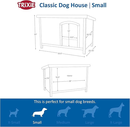 Trixie Natura Classic Dog House Small Outdoor Wooden Dog House with Weatherproof Sealer & Hinged Roof, Adjustable Legs for Small Dogs in Grey 23.75 x 33.5 x 23 in