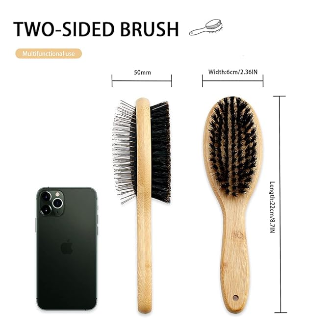 Dog Brush Cat Brush, Double Sided Bristle and Pin Pet Brush for Dog Grooming, Real Boar Bristle Shedding Brush with Bamboo Handle for Long Short Hair, 2 Pack Dog Comb, 1 Nail Clipper