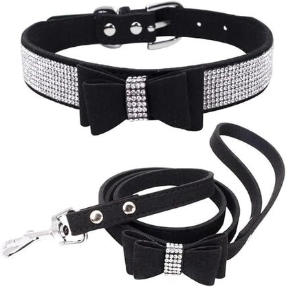 Rhinestone Bowtie Small Dog Collar and Leash Set, Diamond Puppy Collars Bow Crystal Bling Jeweled Glitter Girl Female Adjustable for XXSmall X-Small Small Medium Large Dogs (Black-1,XXSmall)