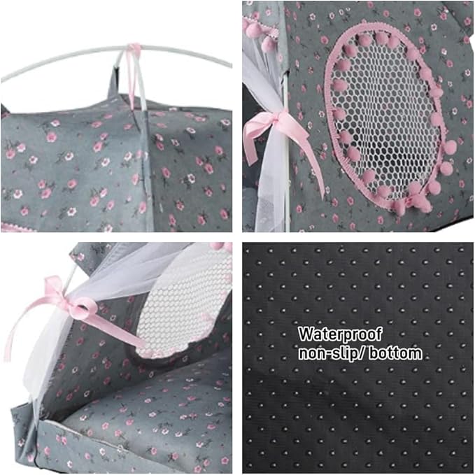 Cat Bed Tents Dog House Indoor Outdoor Lace Mesh Breathable Windows Door Curtains Removable Portable Nest Teepe House (Small,Gray&Pink)